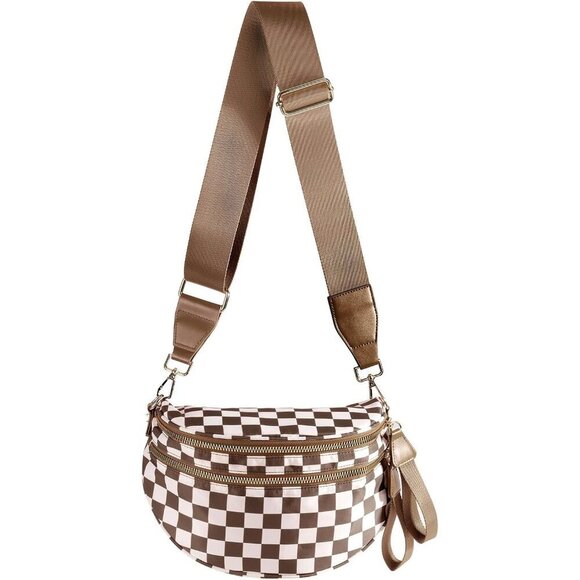 Handbags - Women Brown Imported Polyester Checkered Crossbody Fanny Packs Belt Bum Bag